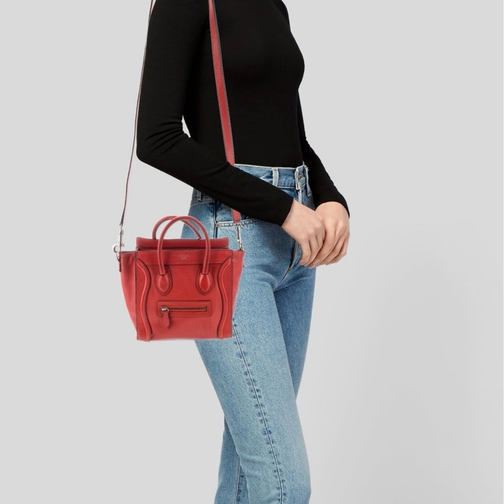 Red/Orange Celine leather luggage nano bag. Structured shape.